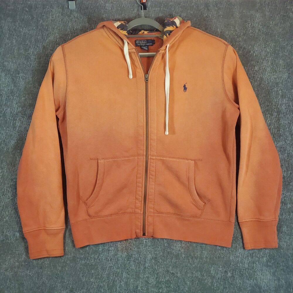Vintage Polo Ralph Lauren Men's L Orange Full Zip Hoodie Blue Pony